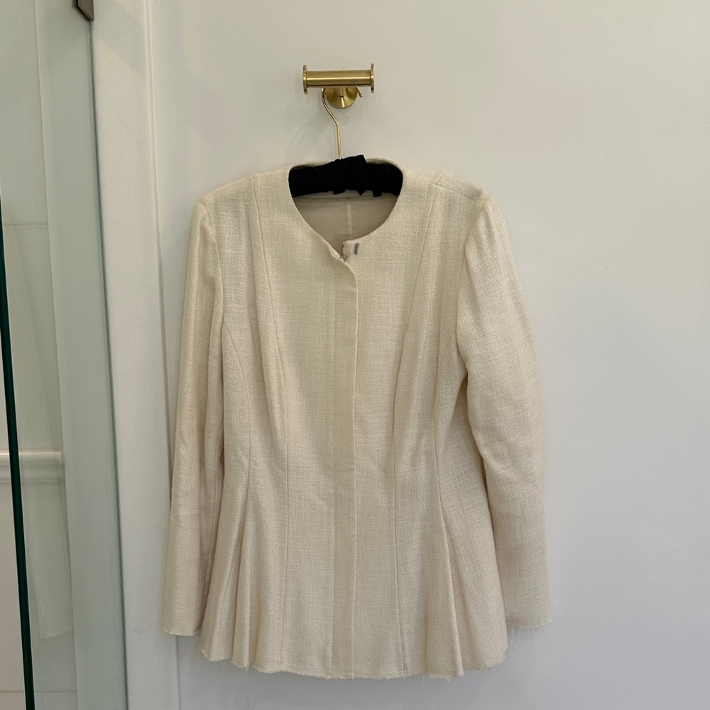 Theory Cream Linen Blazer with Pleated, Frayed, Edging